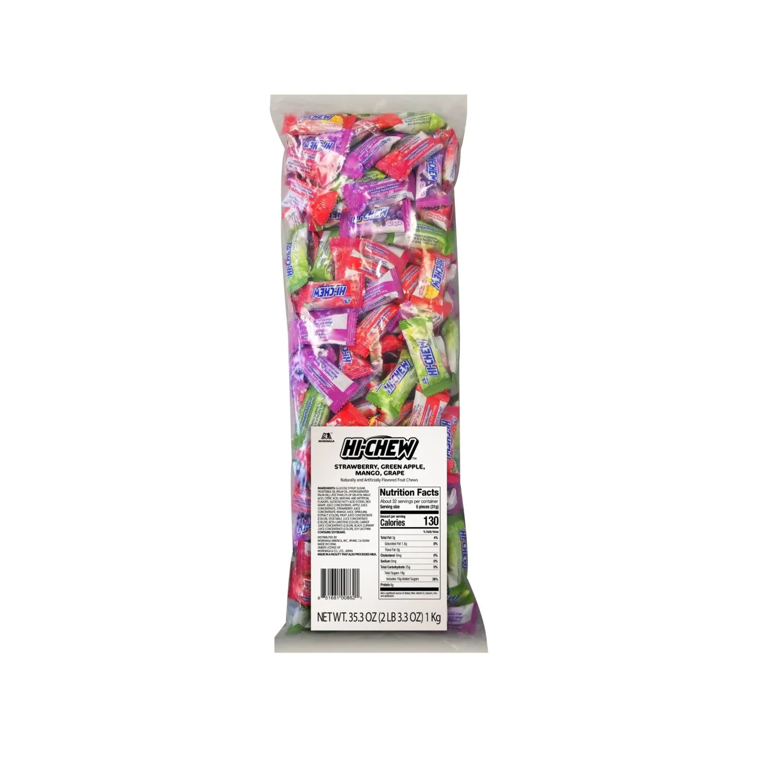 HI-CHEW Assorted Bulk Bag, 2.2lb | 185+ Pieces Individually Wrapped | Green Apple Strawberry Mango Grape | Soft & Chewy Taffy Candy | Made with Immensely Juicy Fruit Flavors