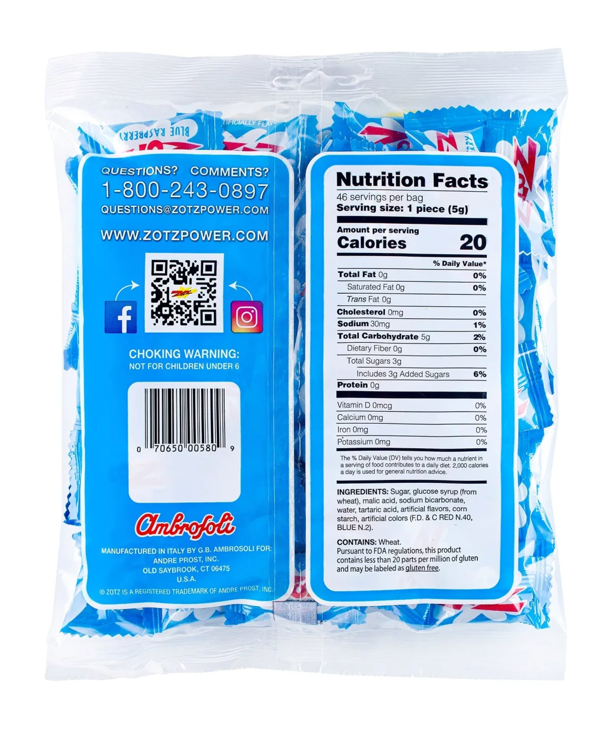 Zotz Fizzy Old Fashioned Hard Candy Fruit Flavored Blue Raspberry Candy, Individually Wrapped Hard Candy -Filled Hard Candy - Gluten -Free, From Italy Since 1970 (Bag 46 Units)