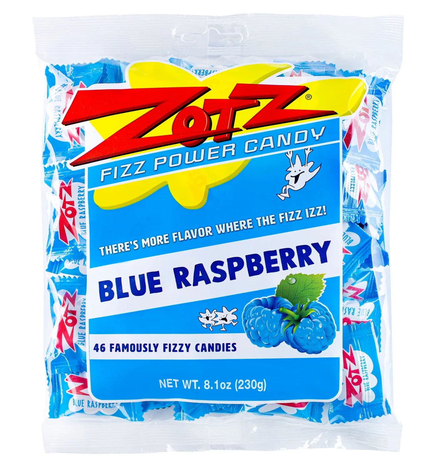 Zotz Fizzy Old Fashioned Hard Candy Fruit Flavored Blue Raspberry Candy, Individually Wrapped Hard Candy -Filled Hard Candy - Gluten -Free, From Italy Since 1970 (Bag 46 Units)