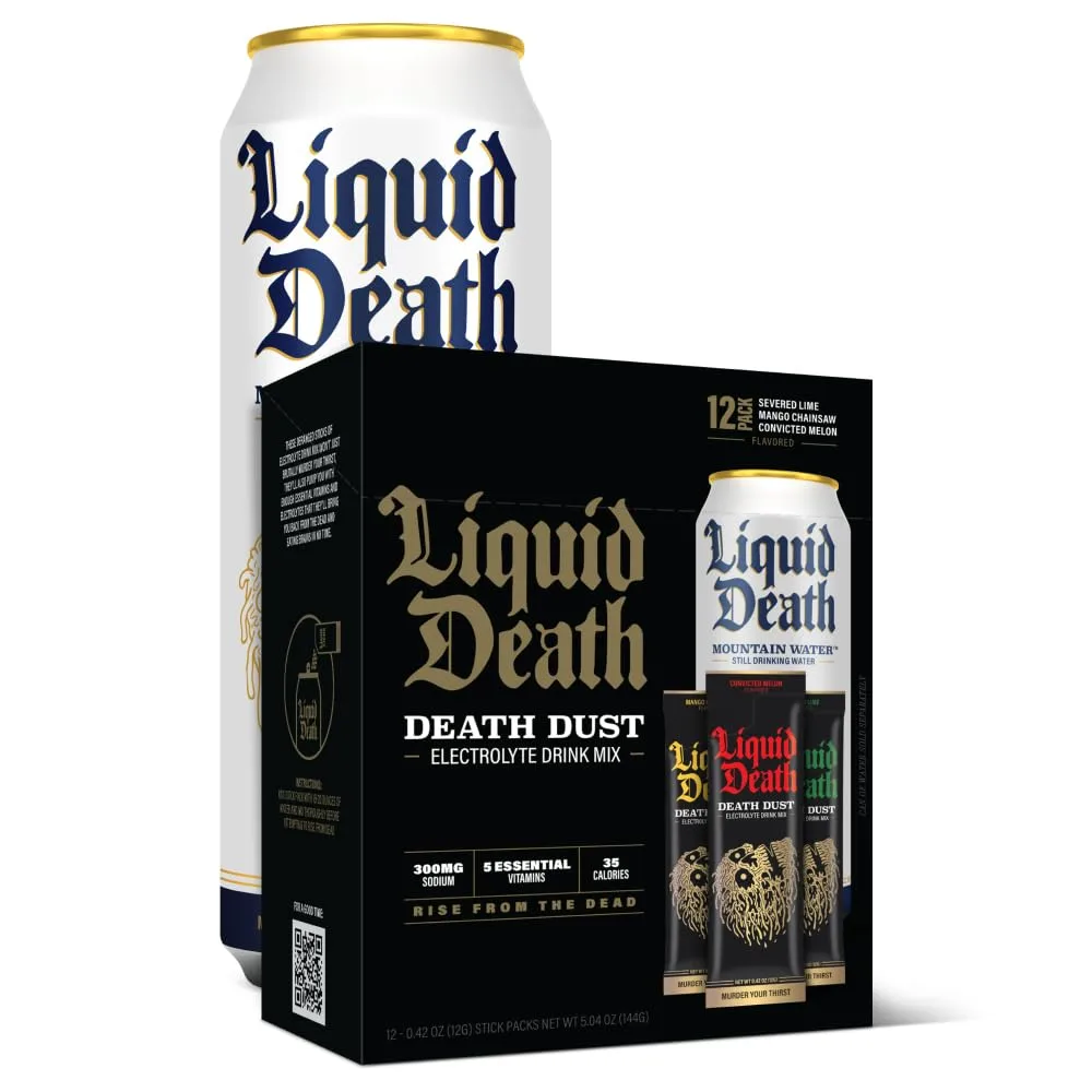 Liquid Death Still Mountain Water, 19.2 oz Cans (8-Pack) + Liquid Death Electrolyte Death Dust - Variety Pack - 3 Flavors - 12 Stick