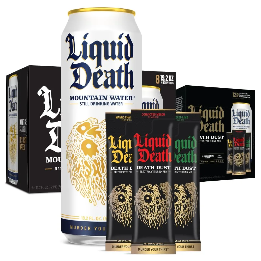 Liquid Death Still Mountain Water, 19.2 oz Cans (8-Pack) + Liquid Death Electrolyte Death Dust - Variety Pack - 3 Flavors - 12 Stick