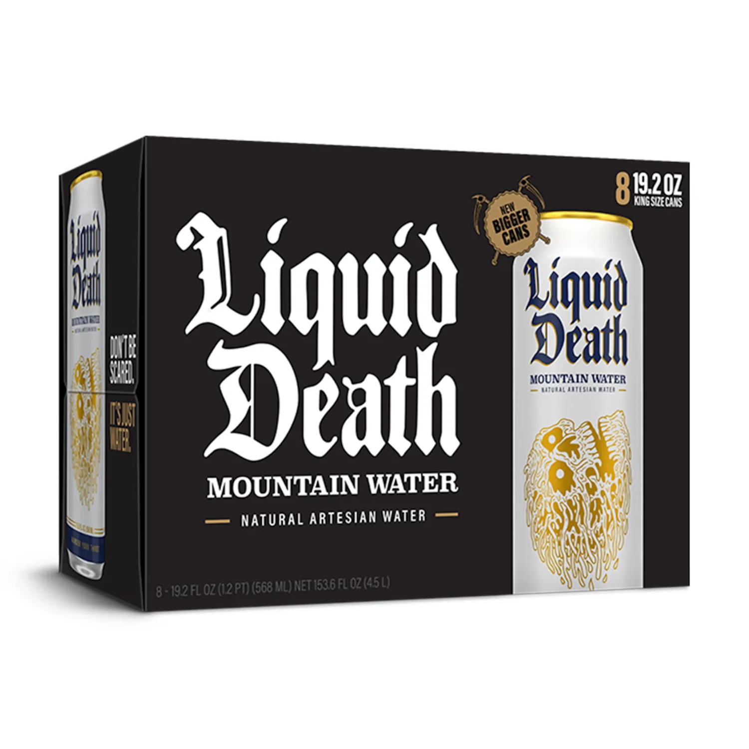 Liquid Death Still Mountain Water, 19.2 oz Cans (8-Pack) + Liquid Death Electrolyte Death Dust - Variety Pack - 3 Flavors - 12 Stick