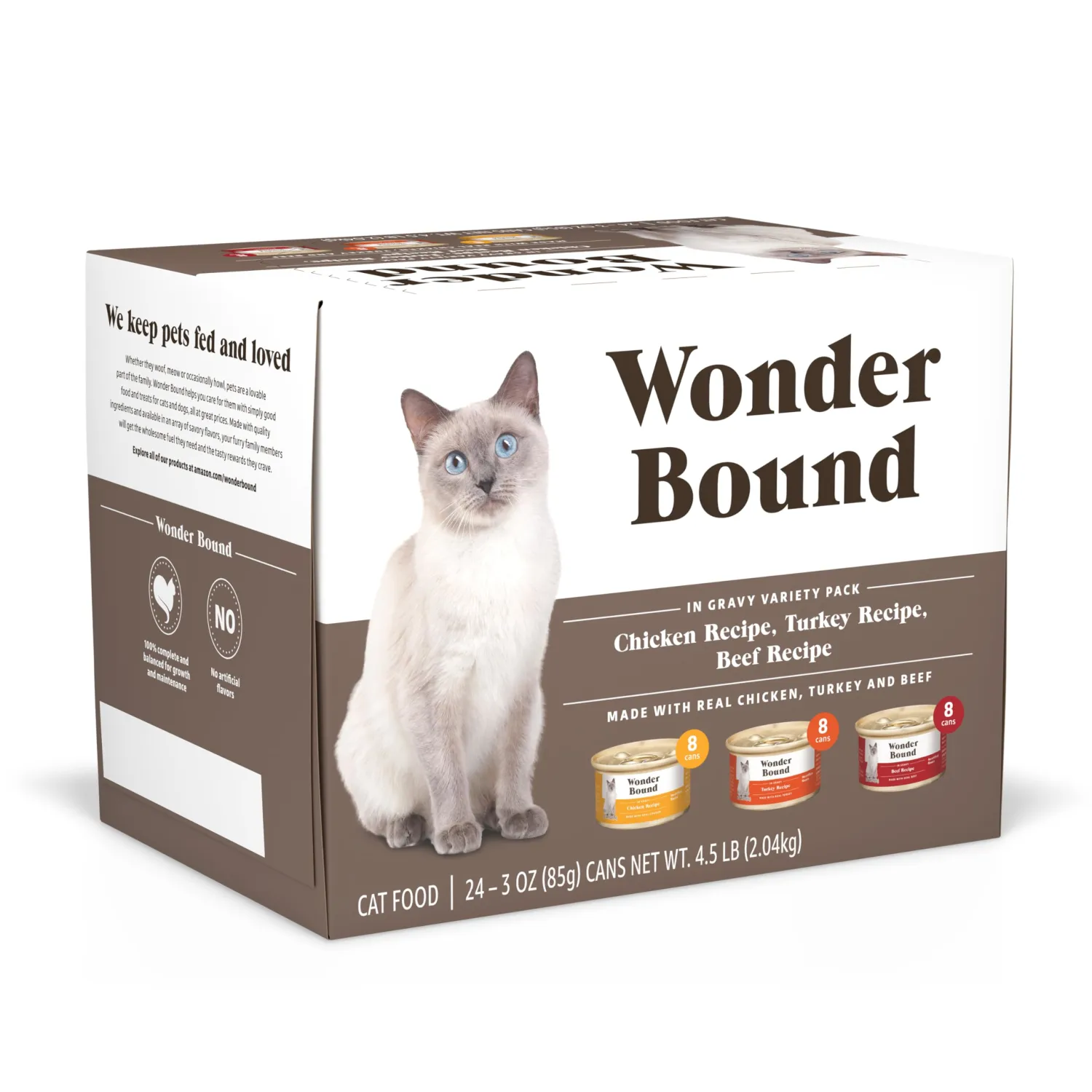 Amazon Brand - Wonder Bound Gourmet Wet Cat Food in Gravy Variety Pack (Turkey, Chicken, Beef), Poultry, Made in USA, 3 Ounce (Pack of 24)