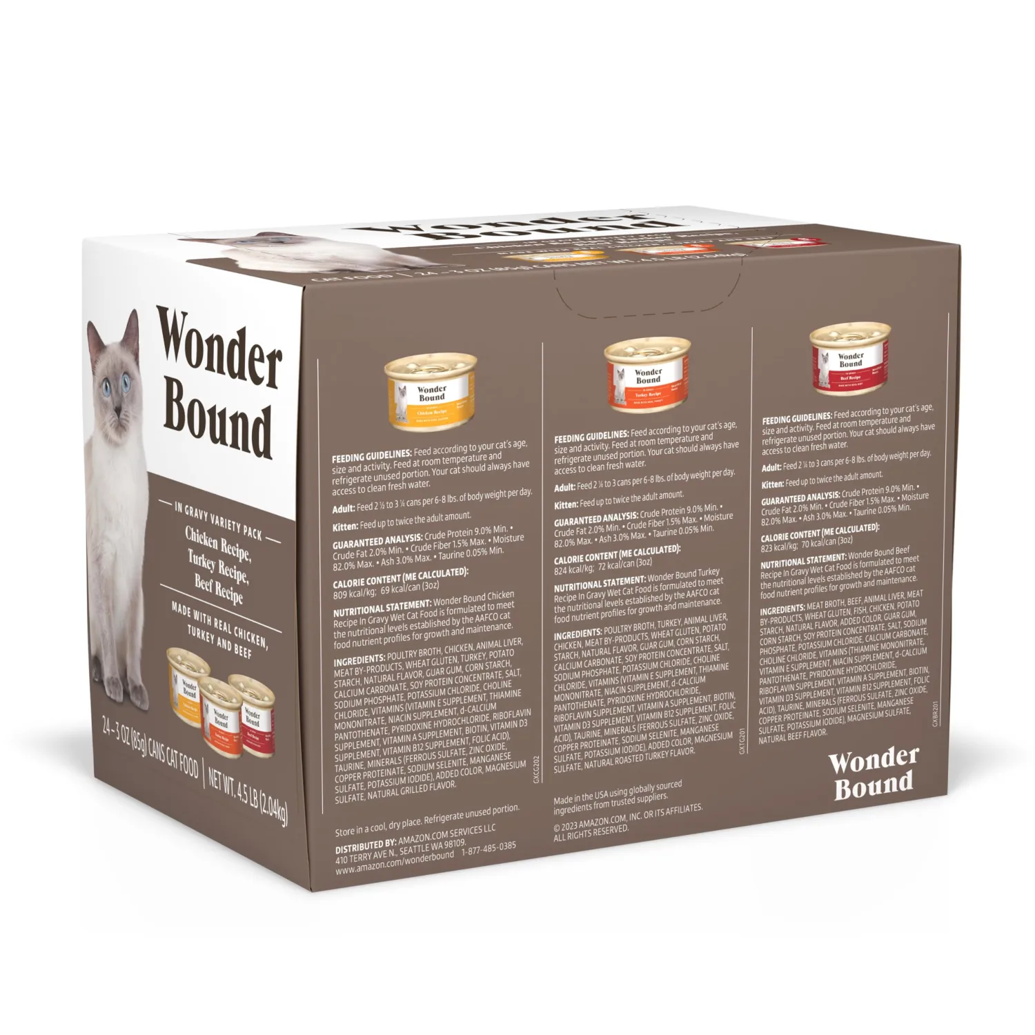 Amazon Brand - Wonder Bound Gourmet Wet Cat Food in Gravy Variety Pack (Turkey, Chicken, Beef), Poultry, Made in USA, 3 Ounce (Pack of 24)