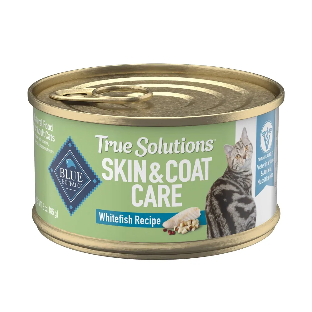 Blue Buffalo True Solutions Skin & Coat Care Wet Cat Food for Adult Cats, Made with Natural Ingredients, Whitefish, 3-oz. Cans (24 Count)