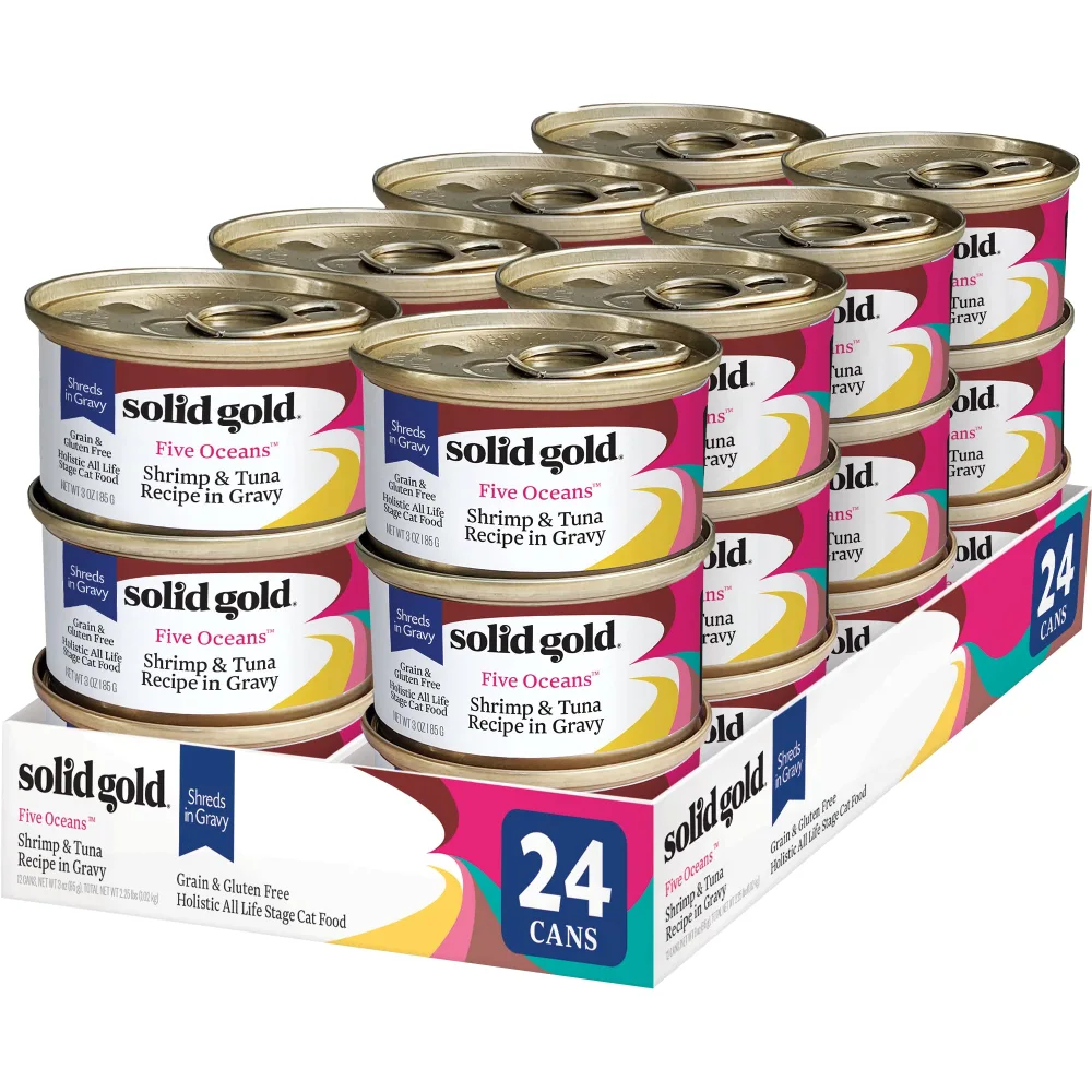 Solid Gold Wet Cat Food Shreds in Gravy - Canned Cat Food Made w/Real Tuna & Shrimp - Five Oceans Grain Free 24ct/3oz Can