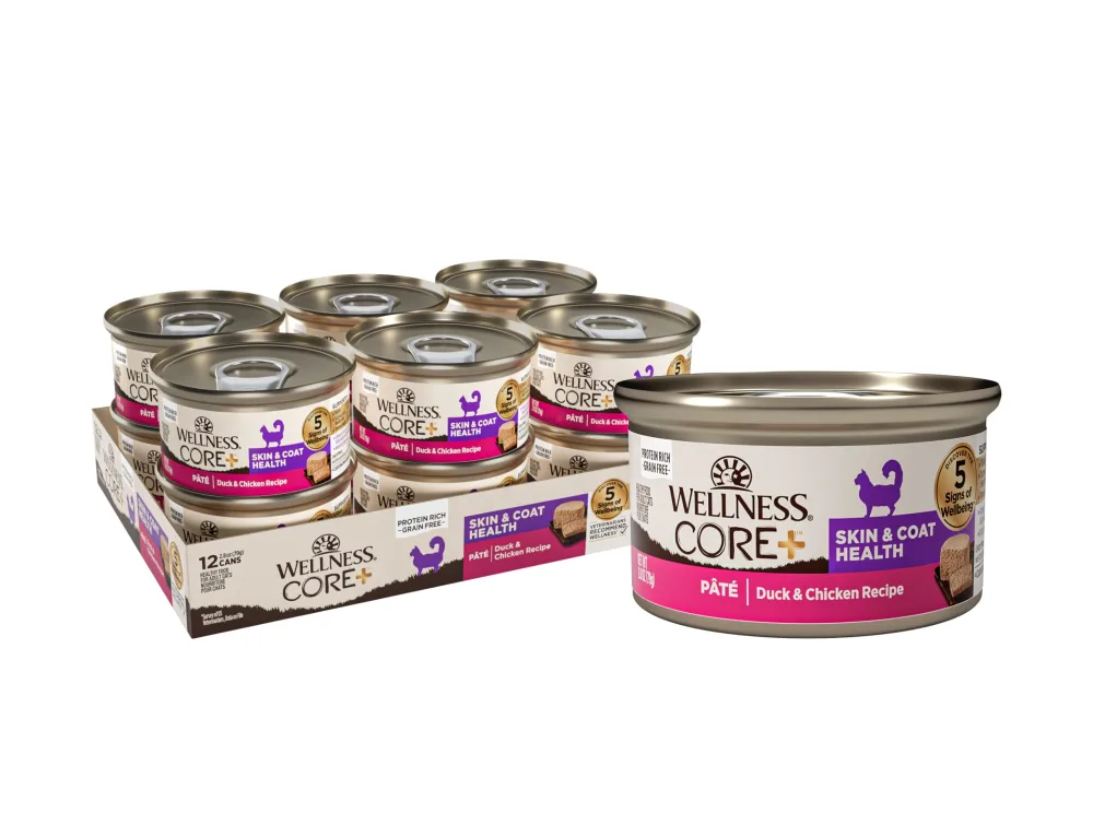 Wellness CORE+ Skin & Coat Pate Adult Wet Cat Food, Natural, Protein-Rich, Grain Free, 2.8 Ounce, 12 Pack (Duck & Chicken)