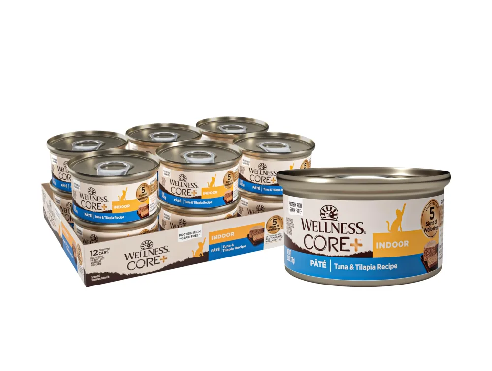 Wellness CORE+ Indoor Pate Adult Wet Cat Food, Natural, Protein-Rich, Grain Free, 2.8 Ounce, 12 Pack (Tuna & Tilapia)