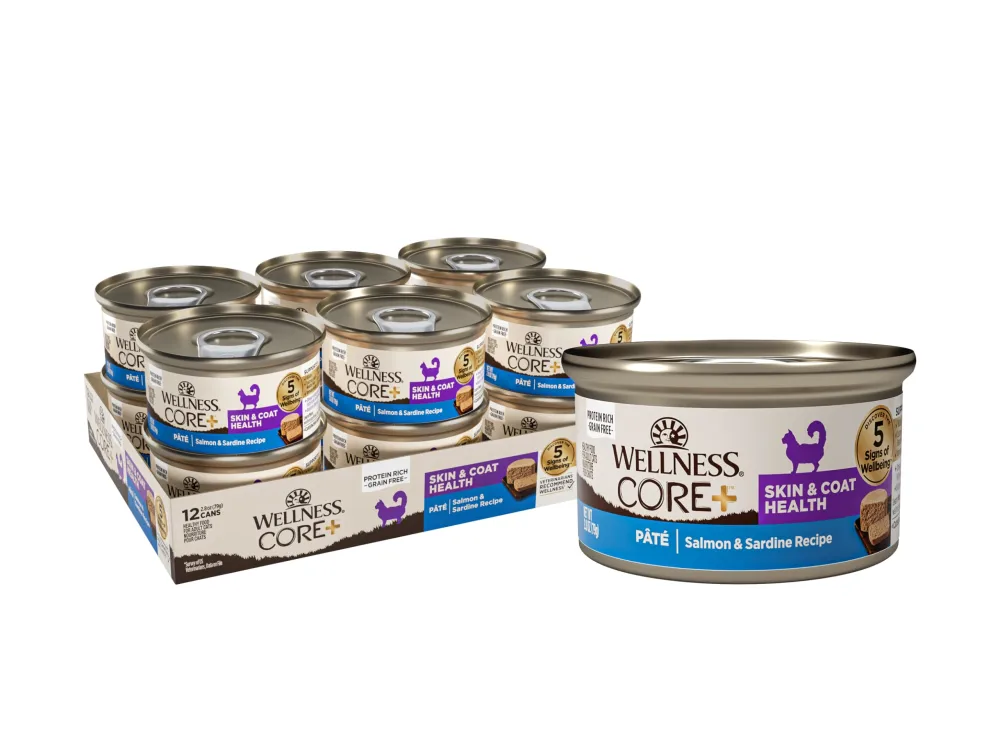 Wellness CORE+ Skin & Coat Pate Adult Wet Cat Food, Natural, Protein-Rich, Grain Free, 2.8 Ounce, 12 Pack (Salmon & Sardine)