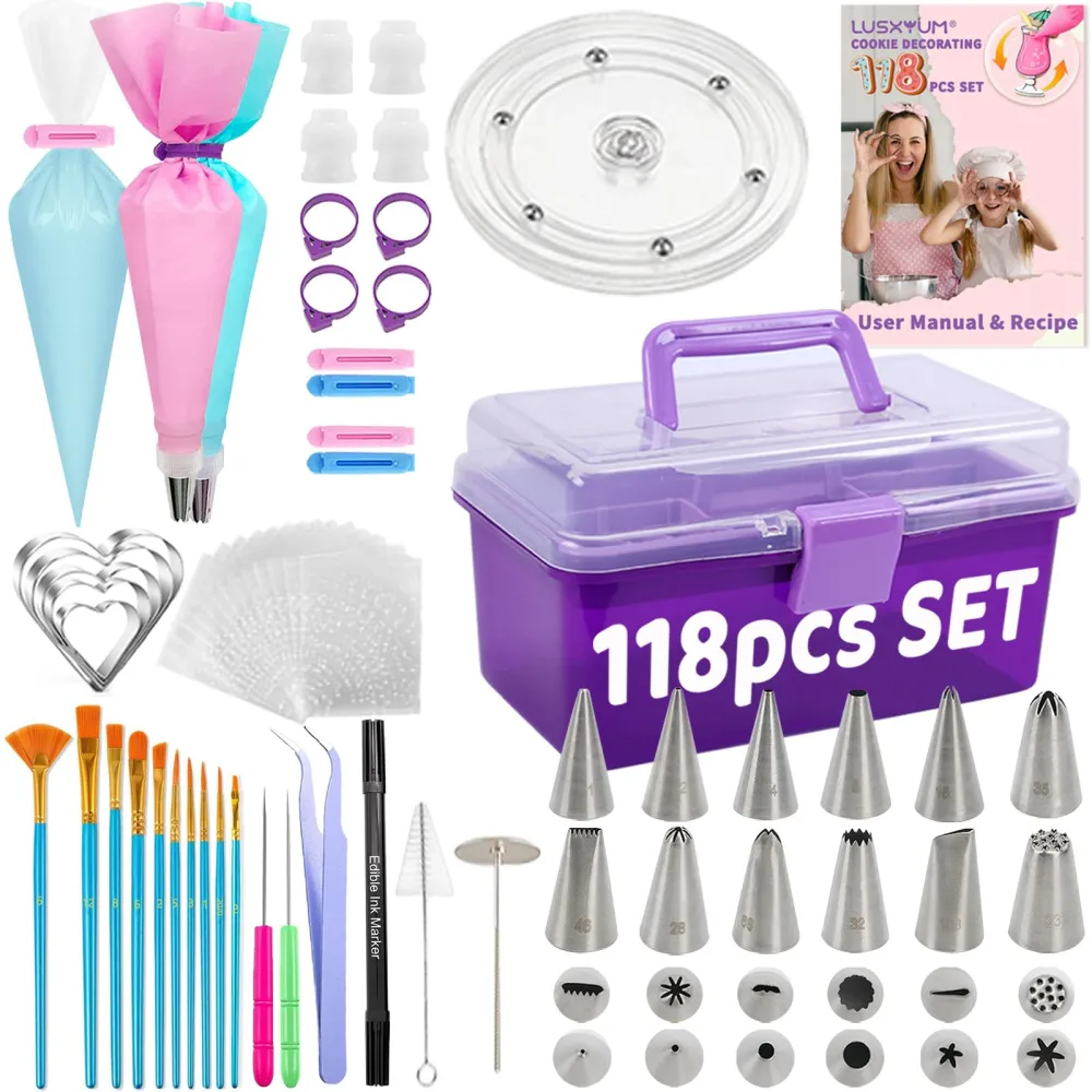 Cookie Decorating Kit 118pcs with Storage Case, Royal Sugar Piping Bags and Tips Icing Supplies Set, Turntable Scribe Decoration Tools for Kids & Cookie Holiday Christmas Valentine