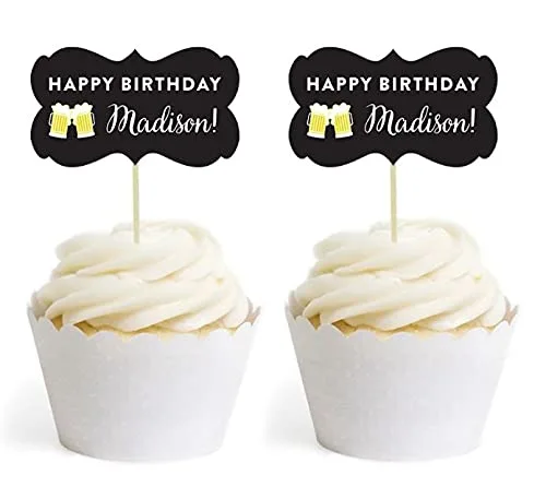 Andaz Press Personalized Birthday Cupcake Toppers DIY Party Favors Kit, Beer Mugs Cheers!, Double-Sided, 18-Pack, Custom Name