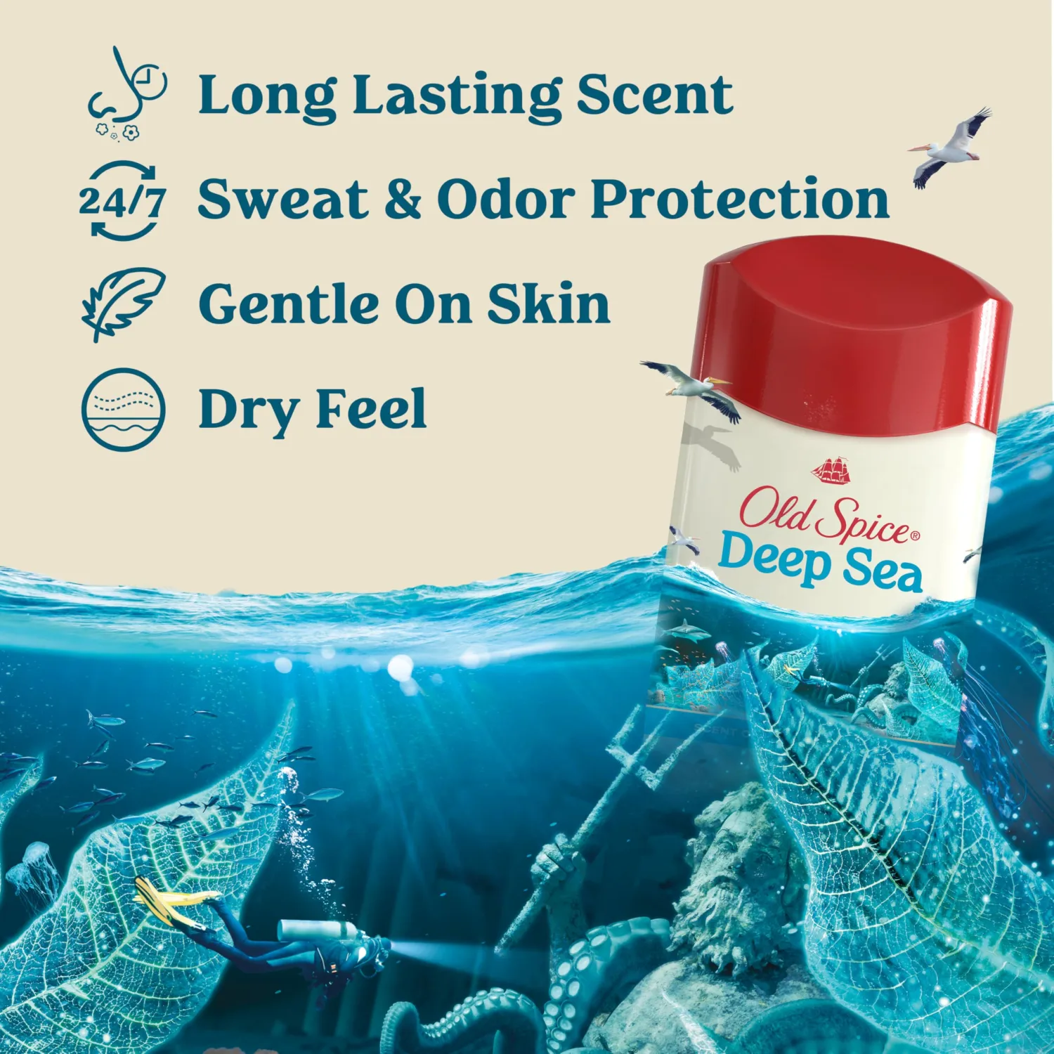 Old Spice Dry Feel Antiperspirant Deodorant for Men, 24/7 Freshness, 24/7 Sweat & Odor Protection, Gentle on Skin with Skin Conditioners, Deep Sea with Ocean Waves + Kelp Scent, 2.6 oz (Pack of 2)