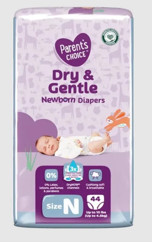 Parents Choice Dry & Gentle Diapers Size NB, 44 Count Pack of 2, Newborn, White