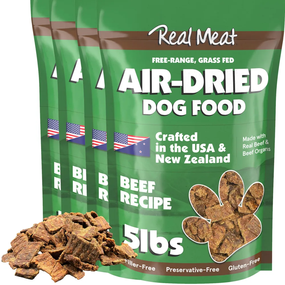 Real Meat Air Dried Dog Food w/ Real Beef - Four 5lb Bag of USA-Crafted Grain-Free Real Meat Dog Food Sourced from Hormone-Free, Free-Range, Grass-Fed Beef - Digestible, Natural, High Protein Beef