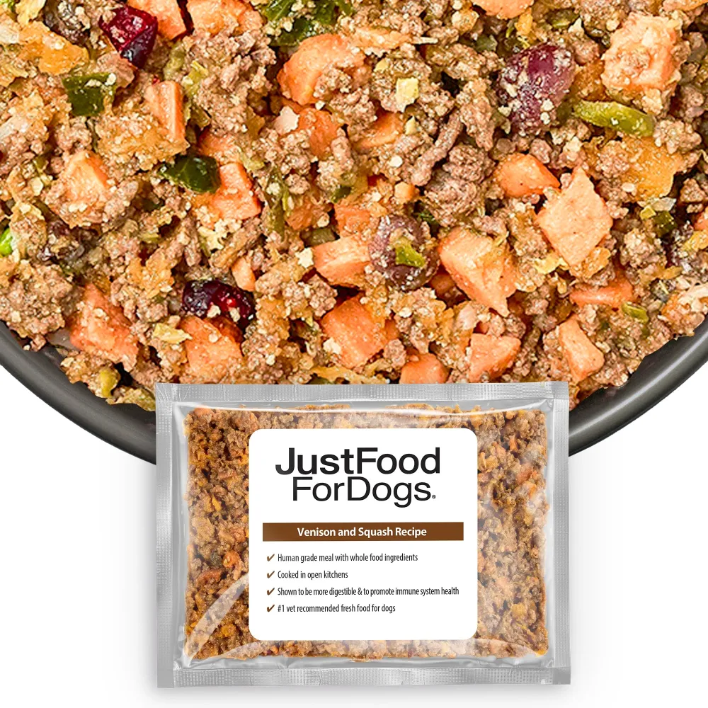 JustFoodForDogs Frozen Fresh Dog Food, Complete Meal or Dog Food Topper, Venison & Squash Human Grade Dog Food Recipe, 18 oz (Pack of 21)