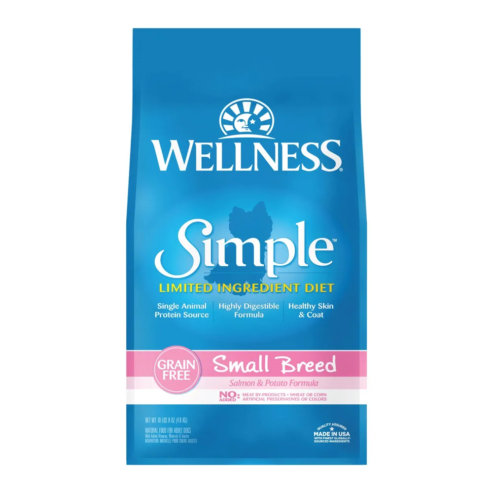 Wellness Simple Natural Limited-Ingredient Grain-Free Dry Dog Food, Easy to Digest for Sensitive Stomachs, Supports Skin & Coat (Small Breed, Salmon and Potato, 10.5-Pound Bag)