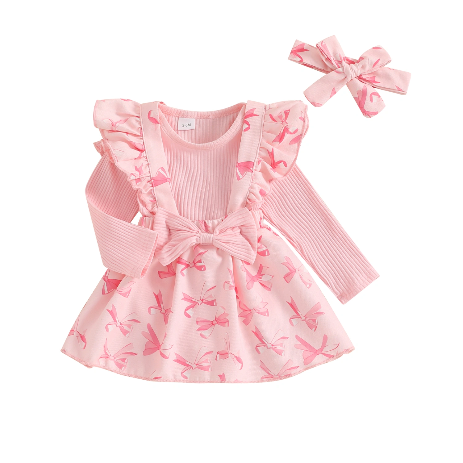 Baby Girl Fall Outfit Ribbed Romper Bow Print Suspender Skirt Headband