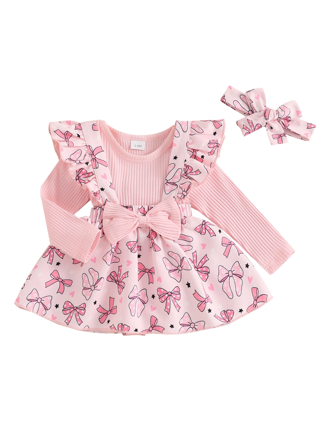 Baby Girl Fall Outfit Ribbed Romper Bow Print Suspender Skirt Headband
