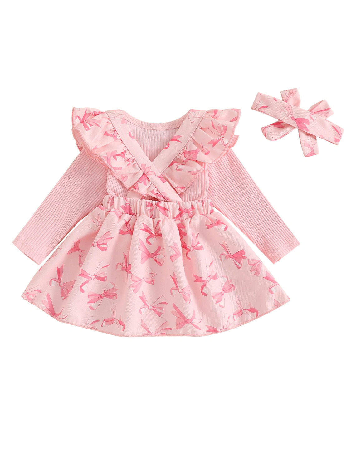 Baby Girl Fall Outfit Ribbed Romper Bow Print Suspender Skirt Headband