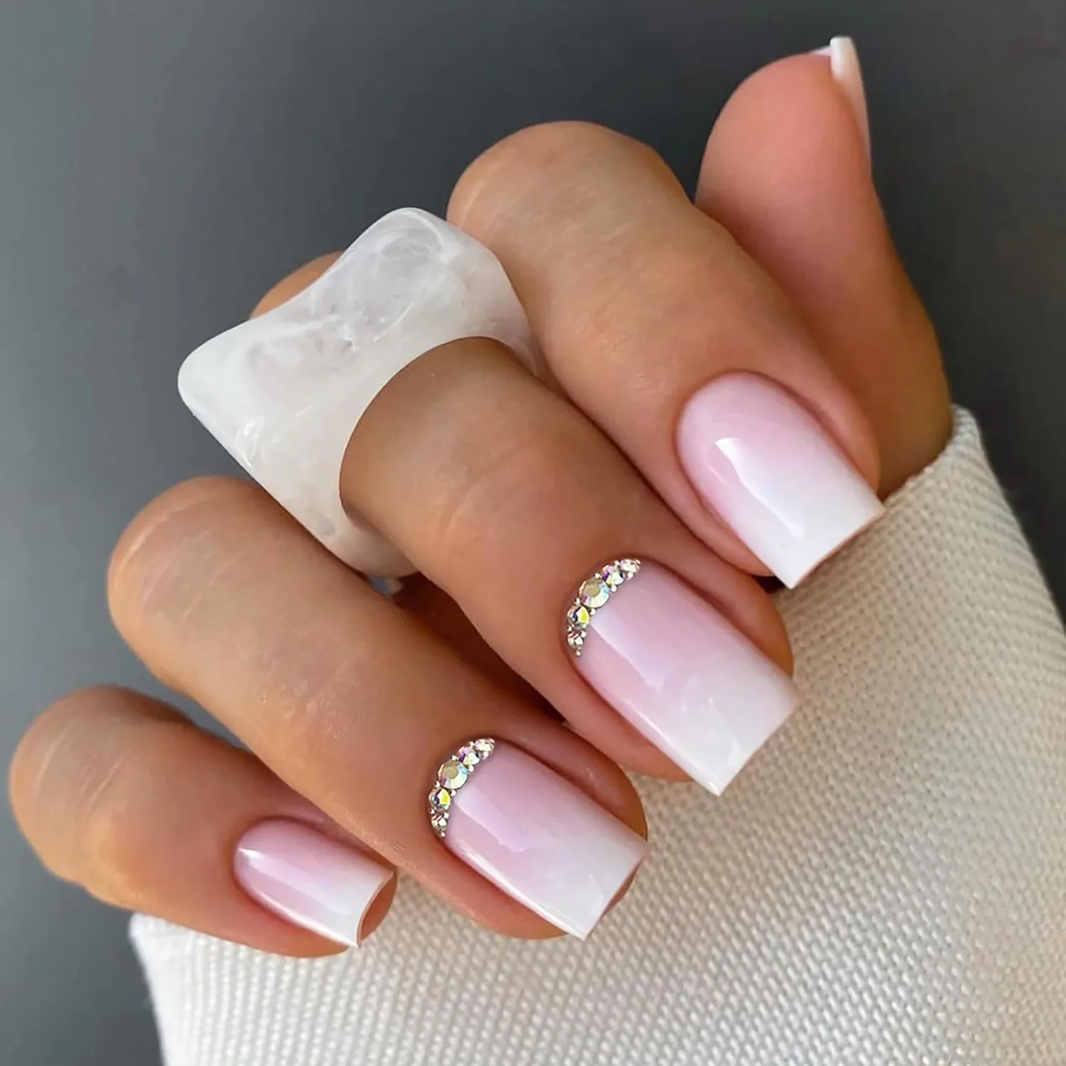 Press on Nails Square - Ombre Pink Rhinestone Fake Nails Medium Acrylic Glossy Full Cover Stick On Nails for Women and Girls Daily Wear, Natural Fit Glue on Nails in 12 Sizes - 24 Nails Kit