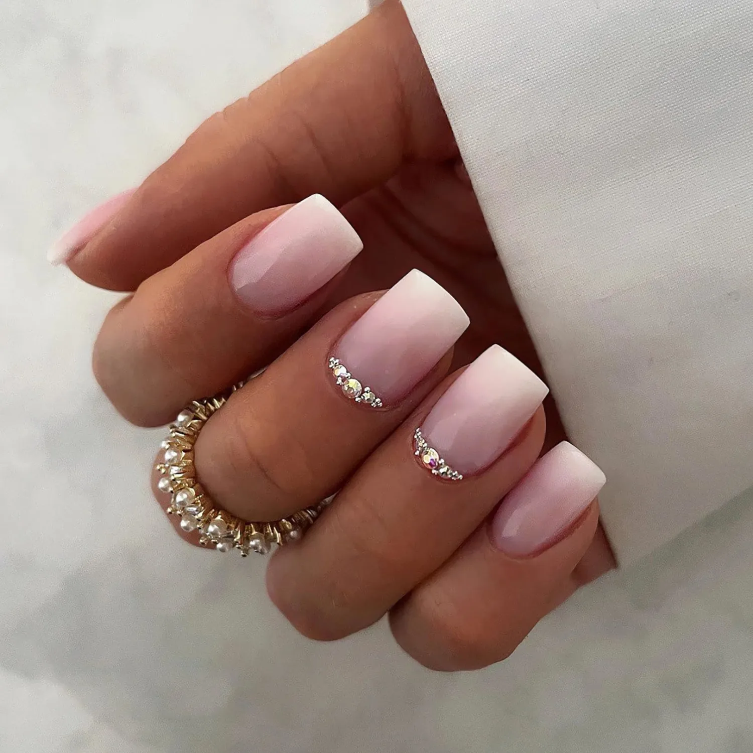 Press on Nails Square - Ombre Pink Rhinestone Fake Nails Medium Acrylic Glossy Full Cover Stick On Nails for Women and Girls Daily Wear, Natural Fit Glue on Nails in 12 Sizes - 24 Nails Kit
