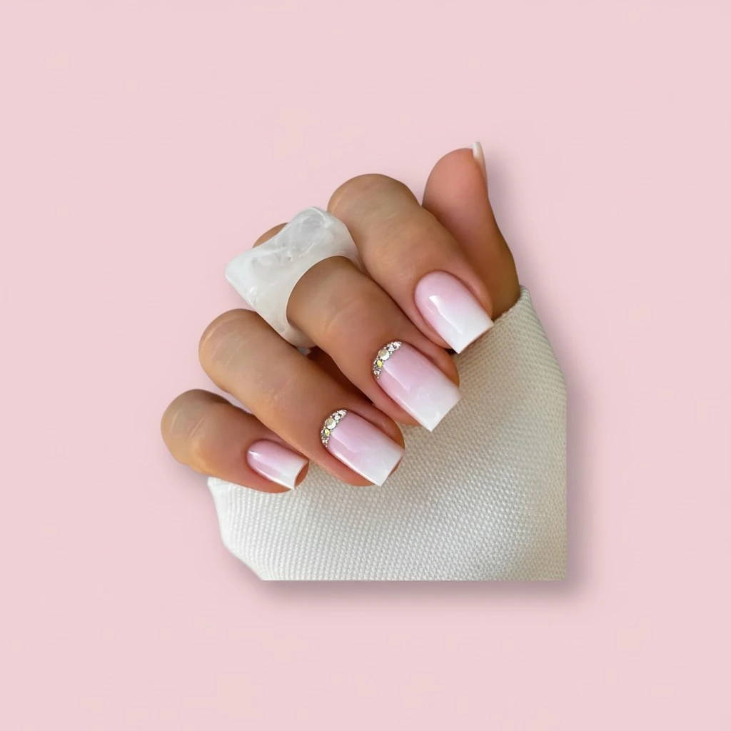 Press on Nails Square - Ombre Pink Rhinestone Fake Nails Medium Acrylic Glossy Full Cover Stick On Nails for Women and Girls Daily Wear, Natural Fit Glue on Nails in 12 Sizes - 24 Nails Kit