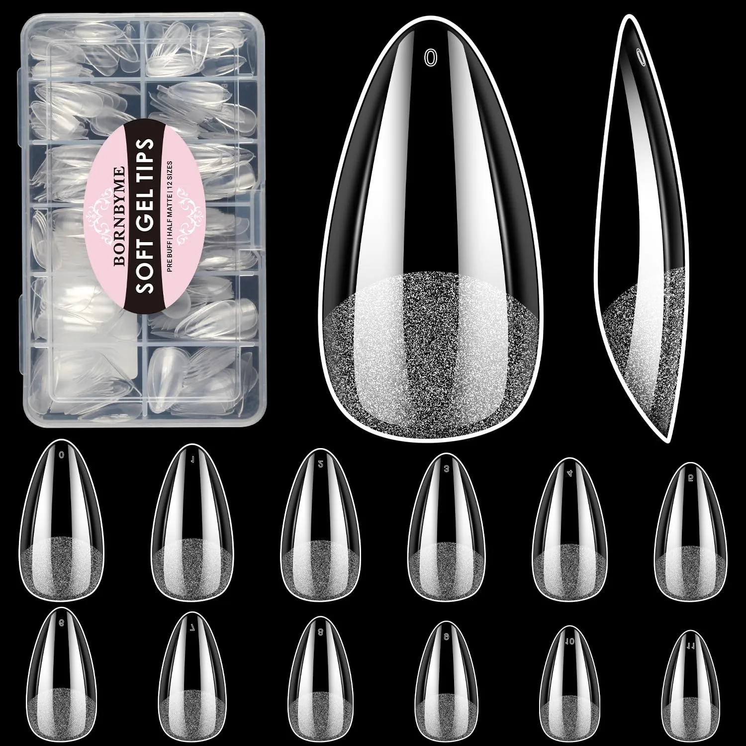 Short Almond Soft Gel Nail Tips, BORNBYME 216 PCS Pre Buff Full Cover Shaped Nail Extenison Tips Half Matte Gel X Nail Tips