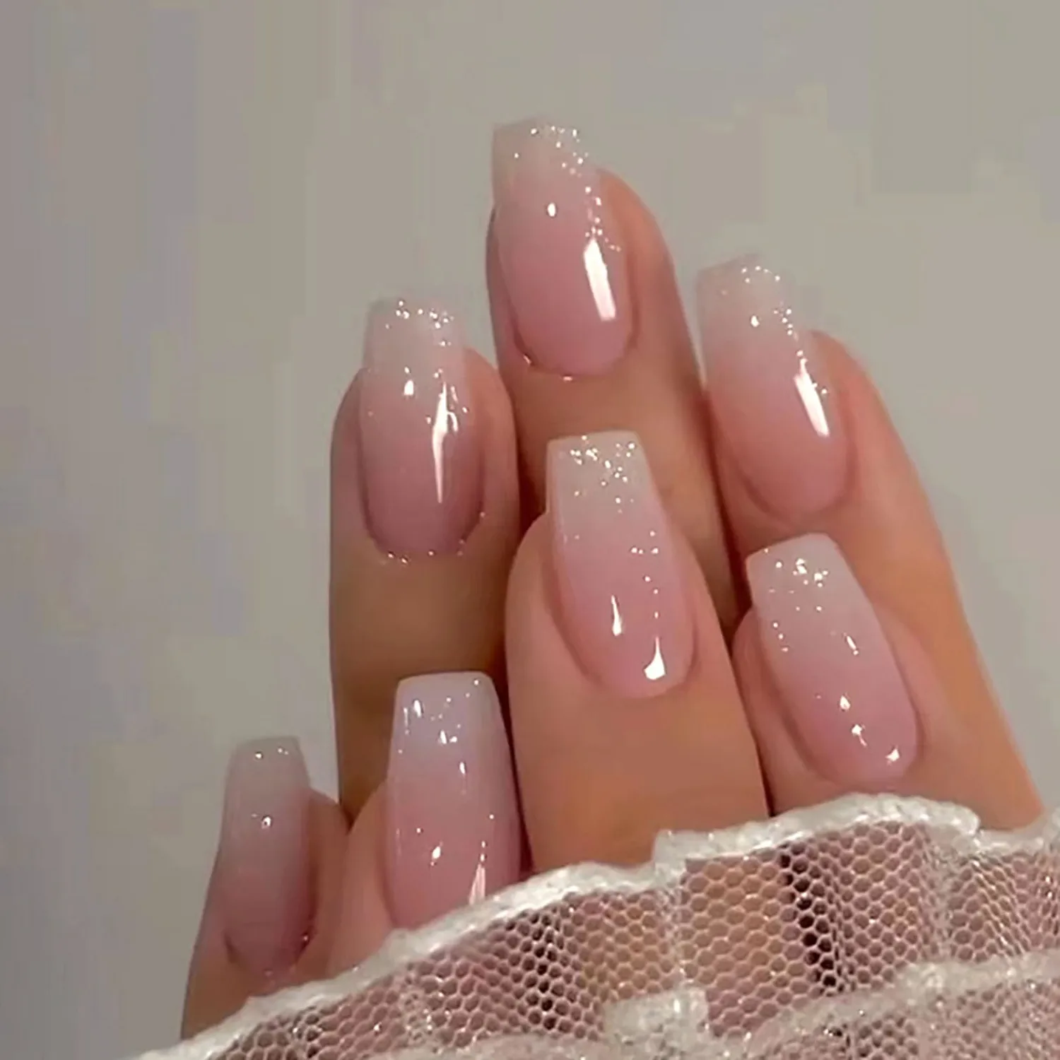Press on Nails Medium Coffin MABKJLF French Fake Nails Pink Full Cover White Gradient False Nails with Designs Glossy Glue on Nails Acrylic Nails Artificial Nails for Women Girls 24Pcs