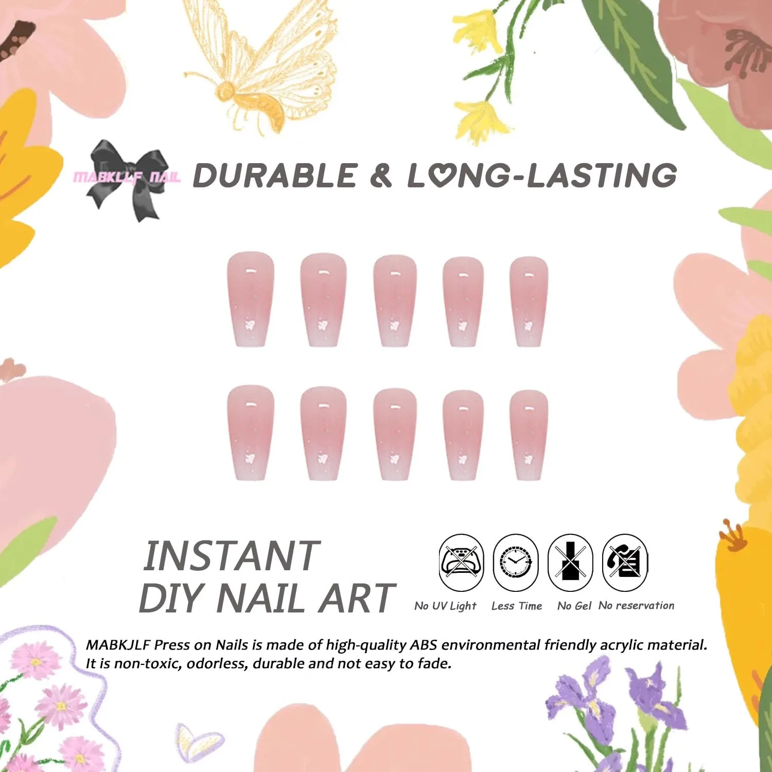 Press on Nails Medium Coffin MABKJLF French Fake Nails Pink Full Cover White Gradient False Nails with Designs Glossy Glue on Nails Acrylic Nails Artificial Nails for Women Girls 24Pcs