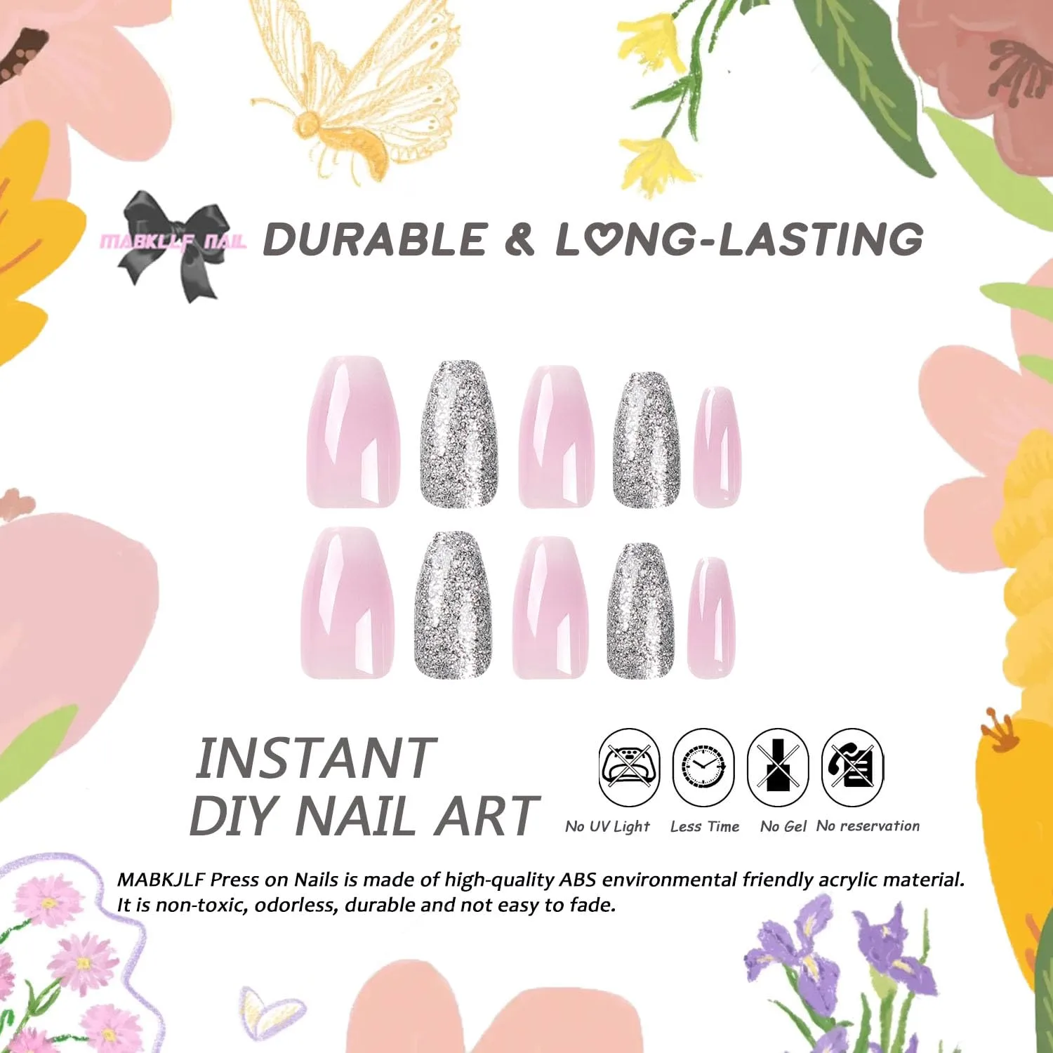 Press on Nails Medium Coffin MABKJLF French Fake Nails Gradient Full Cover Pink False Nails with Nail Glue Sliver Glitter Glossy Glue on Nails Manicure Artificial Acrylic Nails for Women Girls 24Pcs