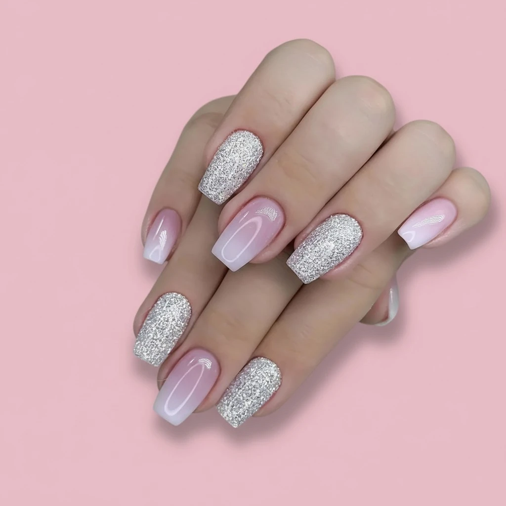 Press on Nails Medium Coffin MABKJLF French Fake Nails Gradient Full Cover Pink False Nails with Nail Glue Sliver Glitter Glossy Glue on Nails Manicure Artificial Acrylic Nails for Women Girls 24Pcs