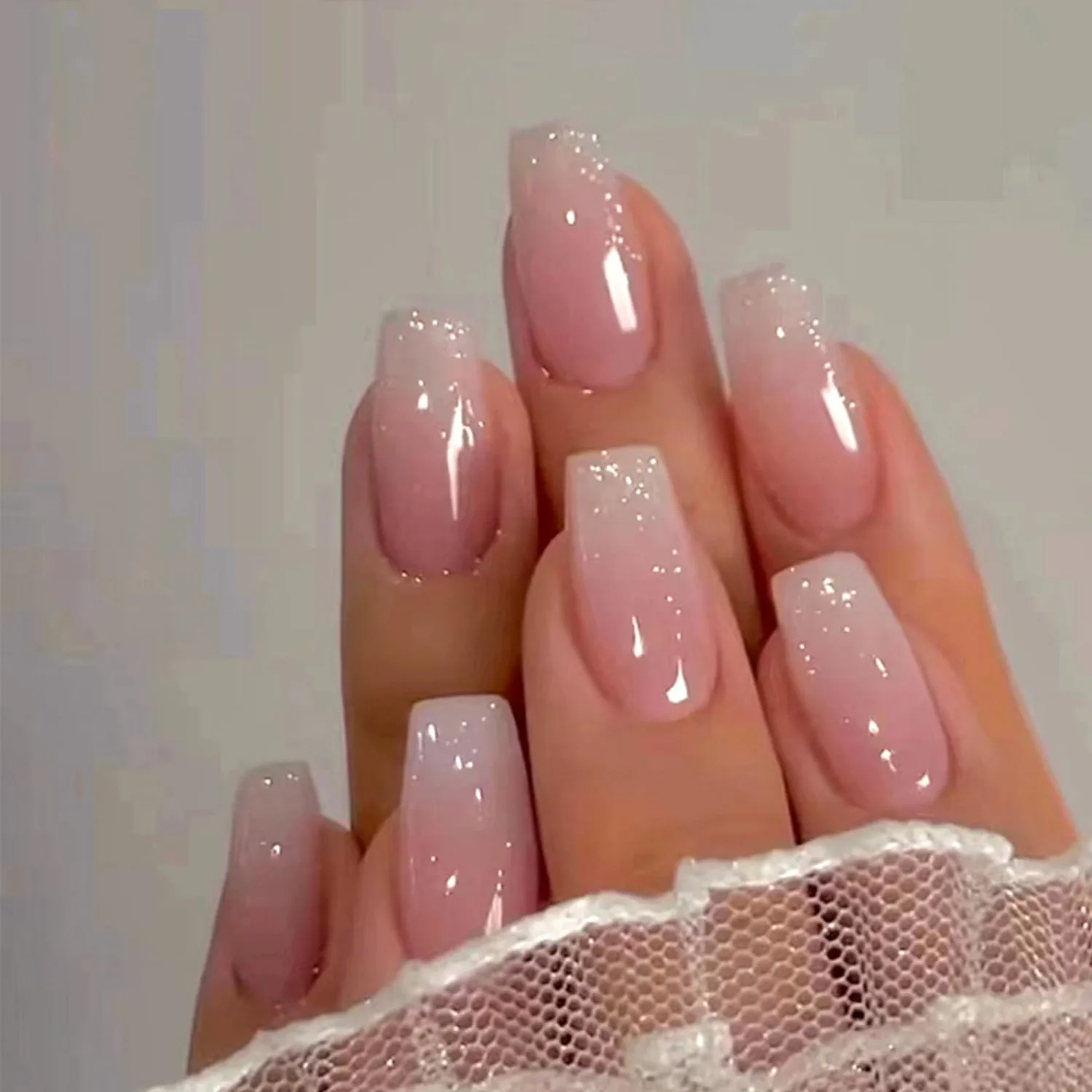 Pink Press on Nails Medium Coffin Fake Nails Gradient Pink False Nails with Design Bling Glitter Glossy Glue on Nails Full Cover Acrylic Stick on Nails Ombre Artificial Nails for Women Manicure 24Pcs