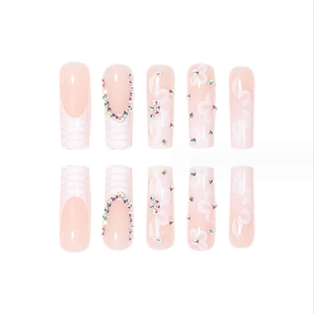 White Press on Nails Artificail Extra Long, French Square Fake Nails Crystal Flowers Nails Acrylic Full Cover Long Fake Nails with Design Nail Tips for Women&Girls,24PCS