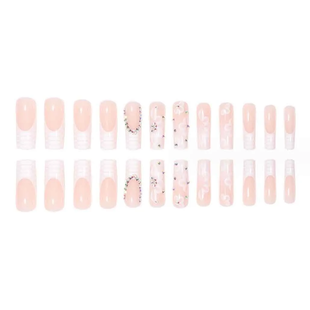 White Press on Nails Artificail Extra Long, French Square Fake Nails Crystal Flowers Nails Acrylic Full Cover Long Fake Nails with Design Nail Tips for Women&Girls,24PCS
