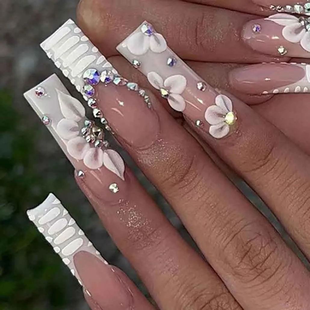 White Press on Nails Artificail Extra Long, French Square Fake Nails Crystal Flowers Nails Acrylic Full Cover Long Fake Nails with Design Nail Tips for Women&Girls,24PCS