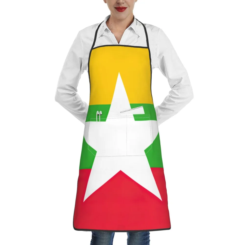 Rich&Rabbit Flag of Myanmar Print Kitchen Apron with pockets, Apron for cooking waitress bistro baking gardening painting