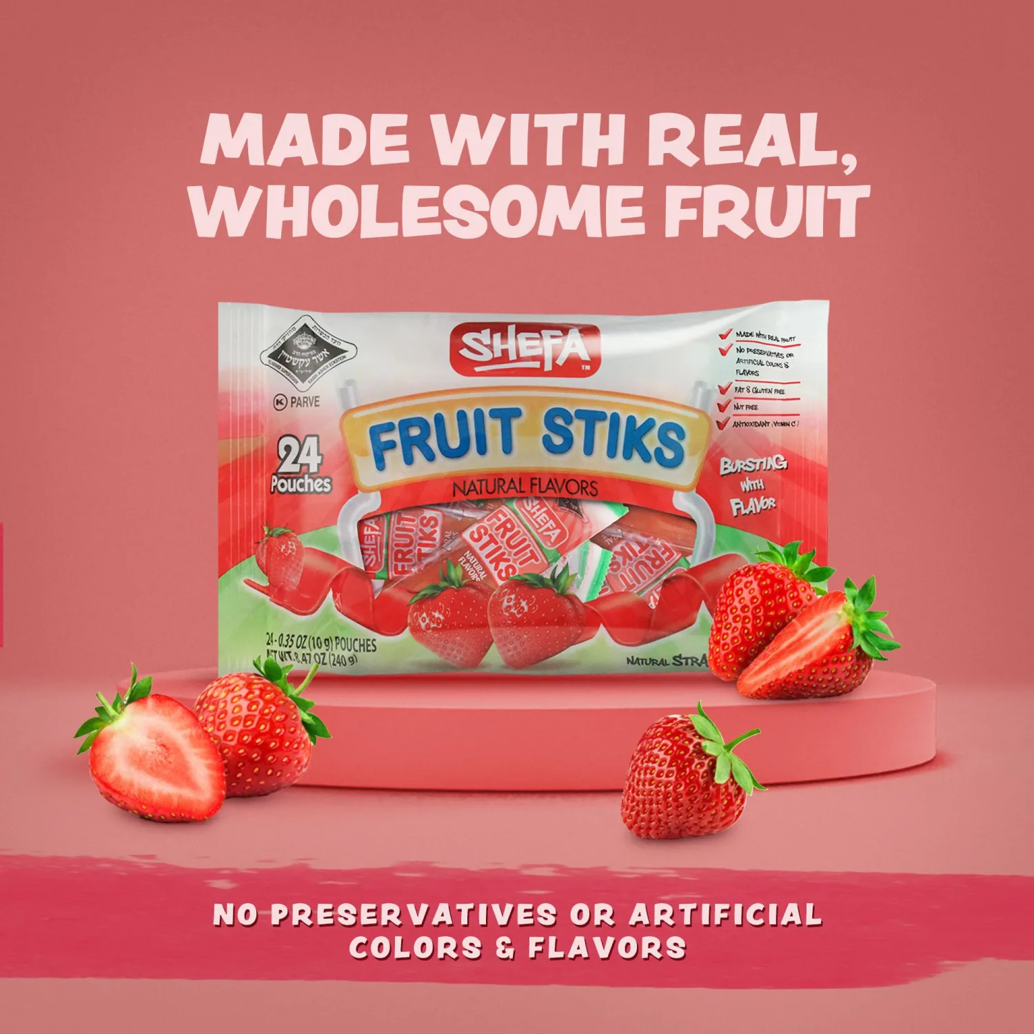 Shefa Strawberry Fruit Sticks, (24 Count) | Real Fruit Snacks | Individually Wrapped | Free of Artificial Colors, Dyes or Flavors, Corn Syrup, Gluten, Nuts & Preservatives | Certified Kosher