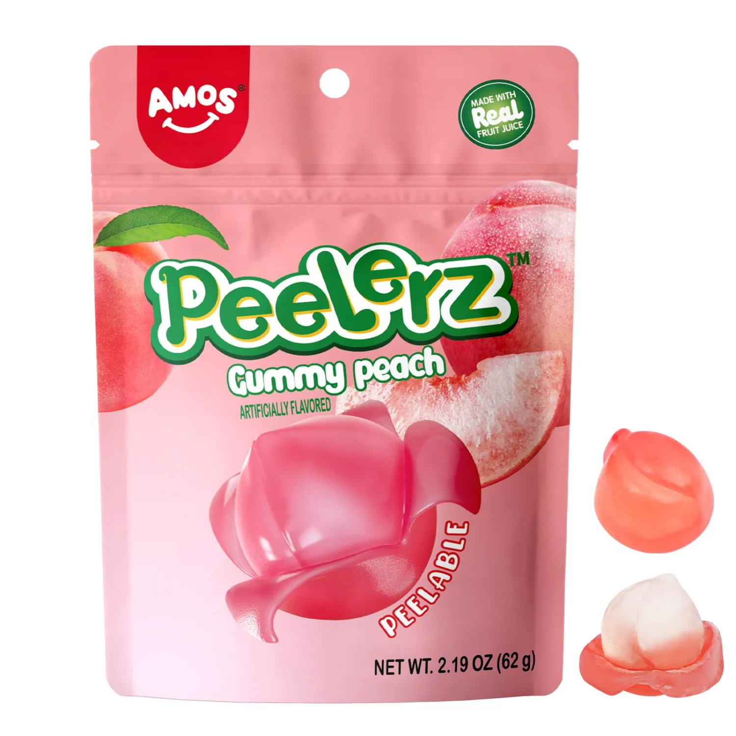 Amos Peelerz Gummy Peach Peeling Candy, Peelable Fruit Snacks, Resealable 2.19oz Bag Gift Candy (Pack of 3)