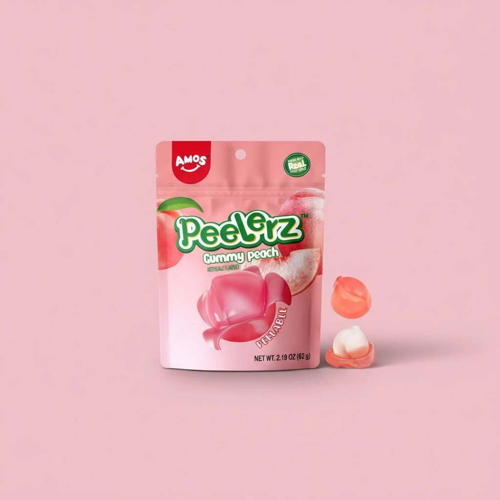 Amos Peelerz Gummy Peach Peeling Candy, Peelable Fruit Snacks, Resealable 2.19oz Bag Gift Candy (Pack of 3)