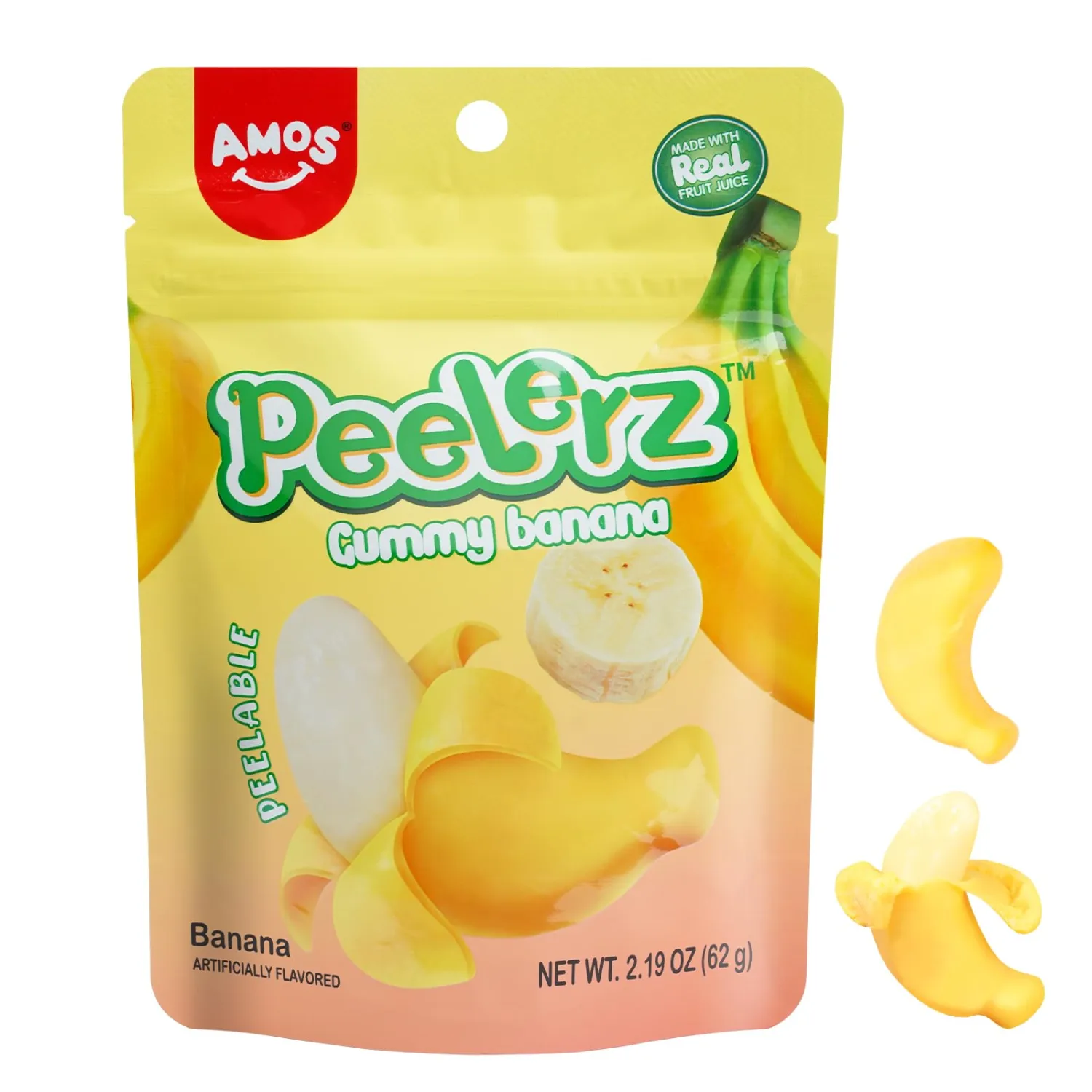 Amos Peelerz Banana Gummies,Peelable Banana Candy,Peeling Fruit Snacks Fat Free, Resealable 2.19oz Bag (Pack of 3)