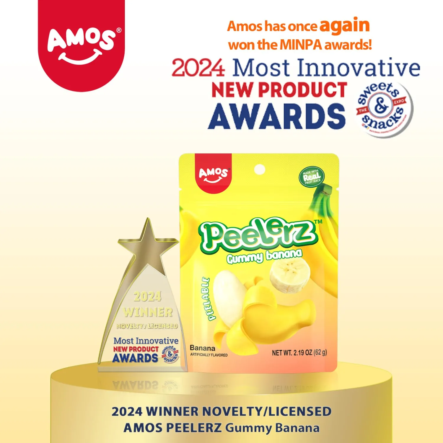 Amos Peelerz Banana Gummies,Peelable Banana Candy,Peeling Fruit Snacks Fat Free, Resealable 2.19oz Bag (Pack of 3)