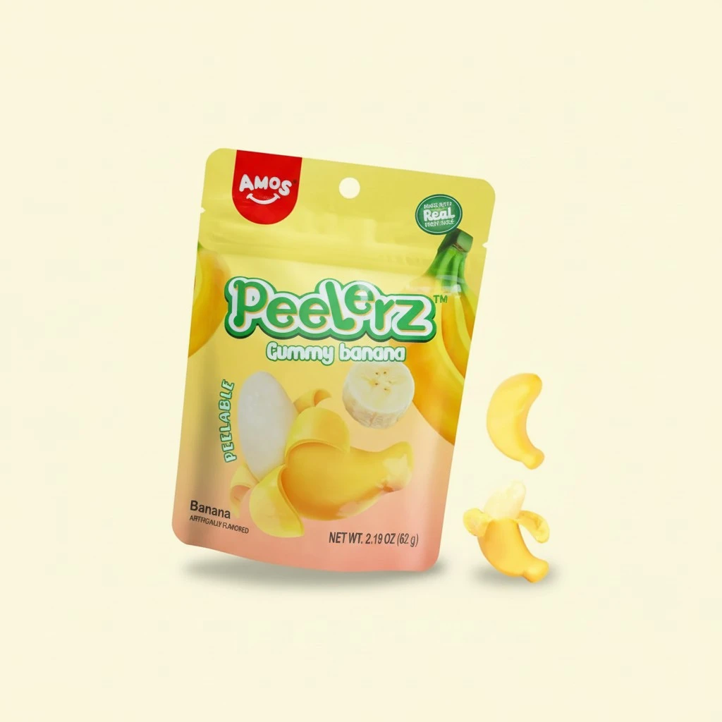 Amos Peelerz Banana Gummies,Peelable Banana Candy,Peeling Fruit Snacks Fat Free, Resealable 2.19oz Bag (Pack of 3)