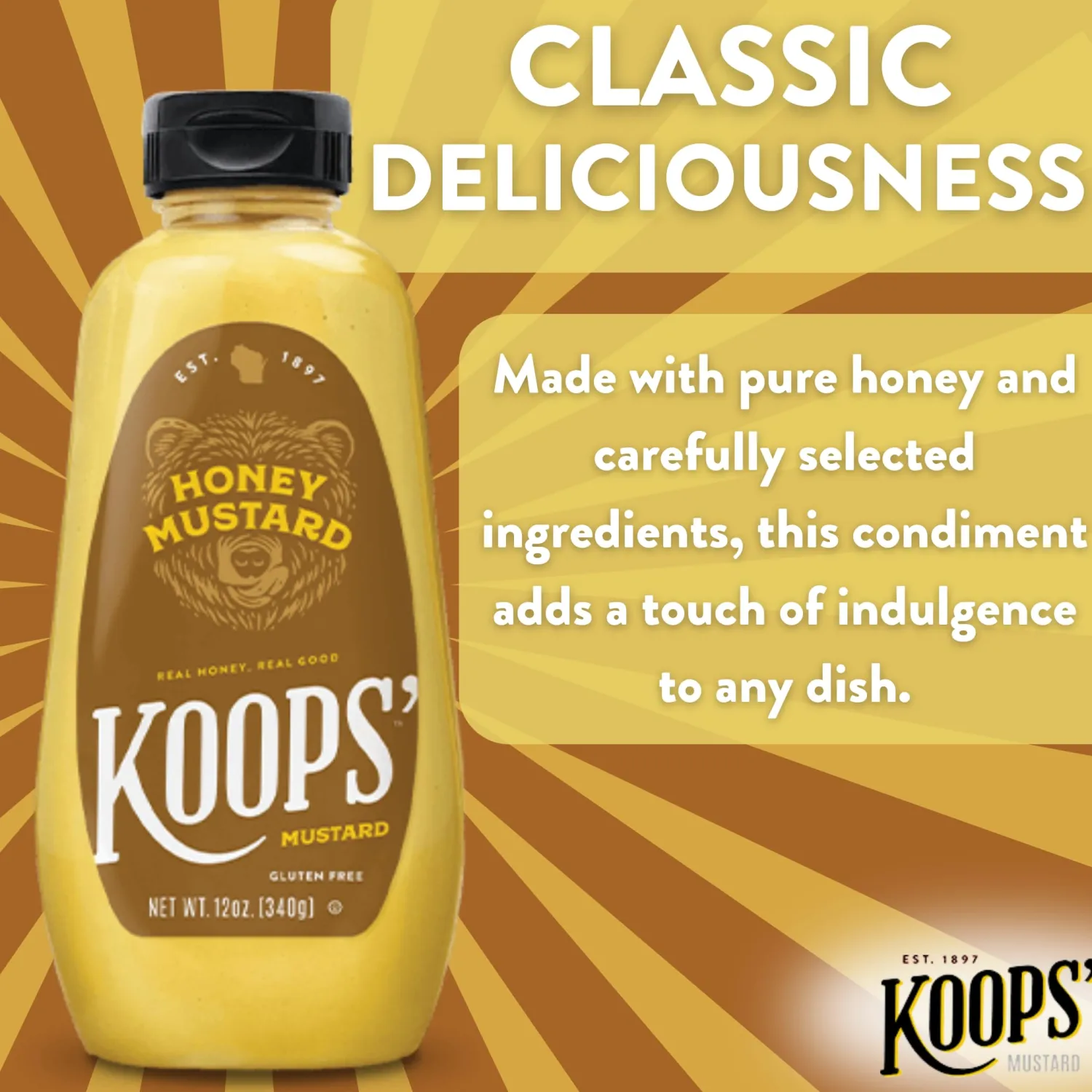 Koops' Honey Mustard – Gourmet Mustard, Gluten-Free, Kosher, Made in USA, From Quality Mustard Seeds, Honey Mustard Sauce – 12 Oz, Pack of 1