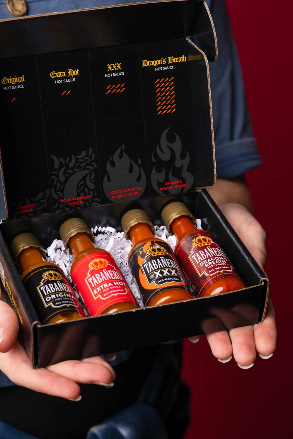 Mini Hot Sauce Challenge Box by Tabañero, Original, Extra Hot, XXX Hot & Dragon’s Breath, Gift Set, Gluten Free, All Natural, Low Sodium, Vegan, Kosher, Made in the USA, 4-Pack, 1.7 oz Mini Bottles
