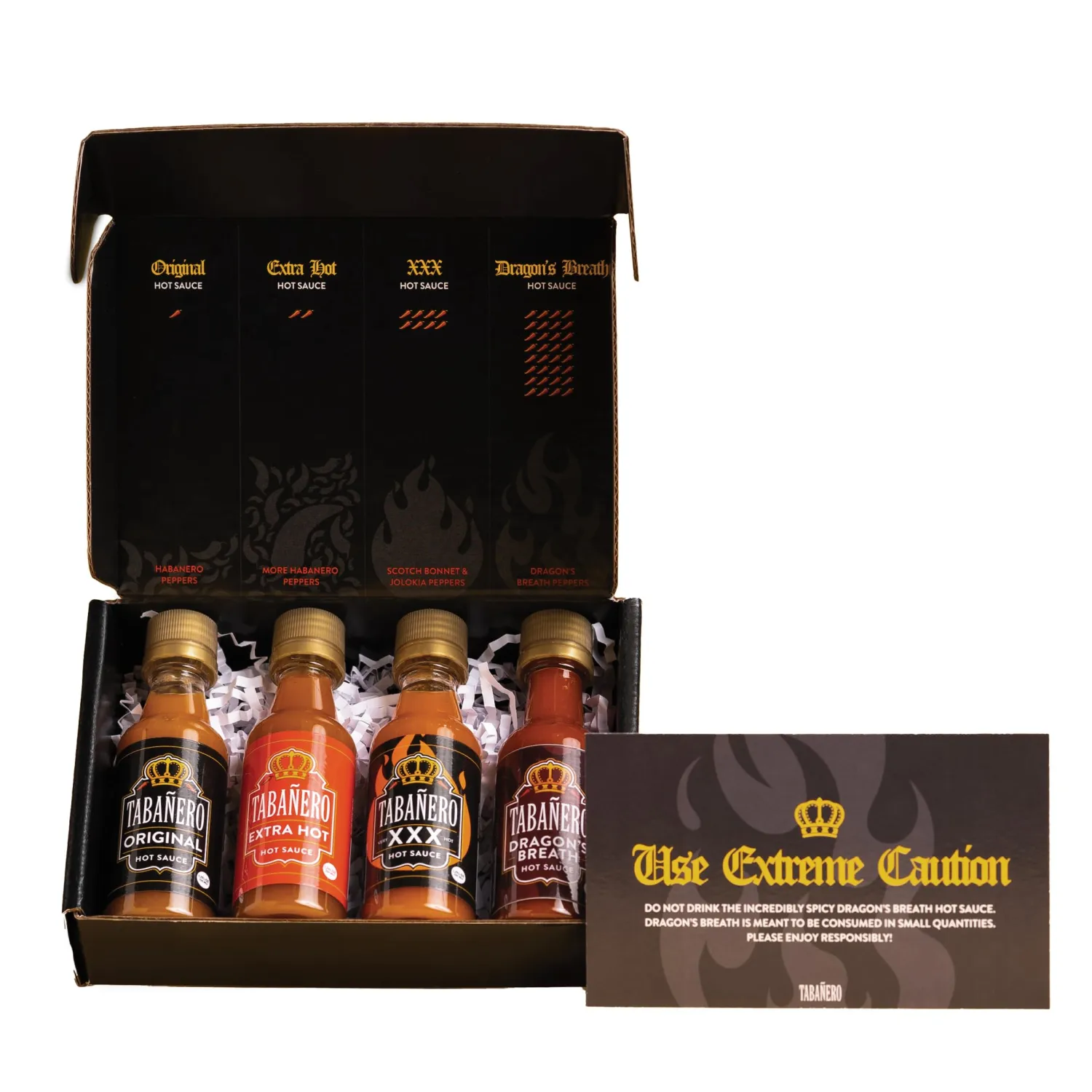 Mini Hot Sauce Challenge Box by Tabañero, Original, Extra Hot, XXX Hot & Dragon’s Breath, Gift Set, Gluten Free, All Natural, Low Sodium, Vegan, Kosher, Made in the USA, 4-Pack, 1.7 oz Mini Bottles