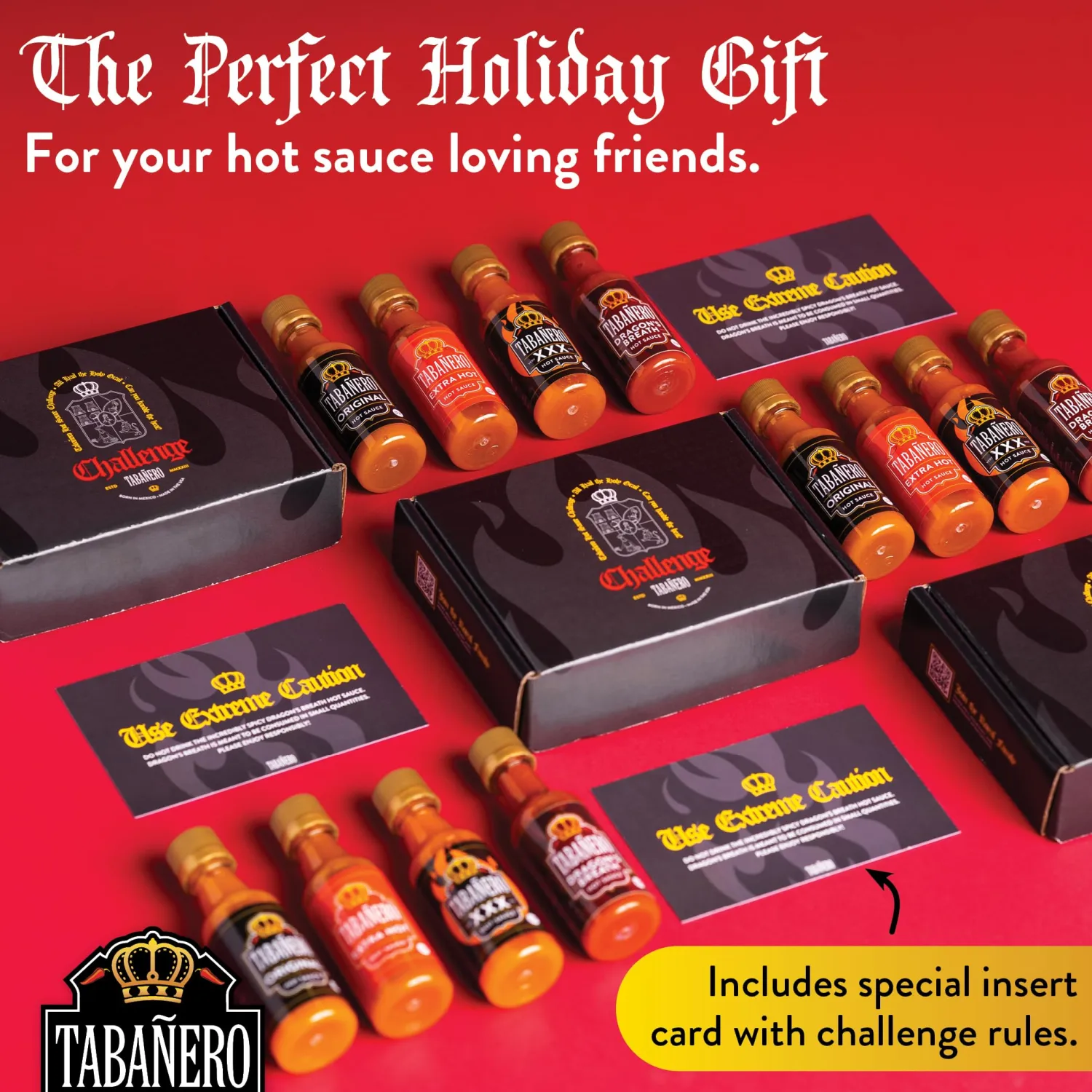 Mini Hot Sauce Challenge Box by Tabañero, Original, Extra Hot, XXX Hot & Dragon’s Breath, Gift Set, Gluten Free, All Natural, Low Sodium, Vegan, Kosher, Made in the USA, 4-Pack, 1.7 oz Mini Bottles
