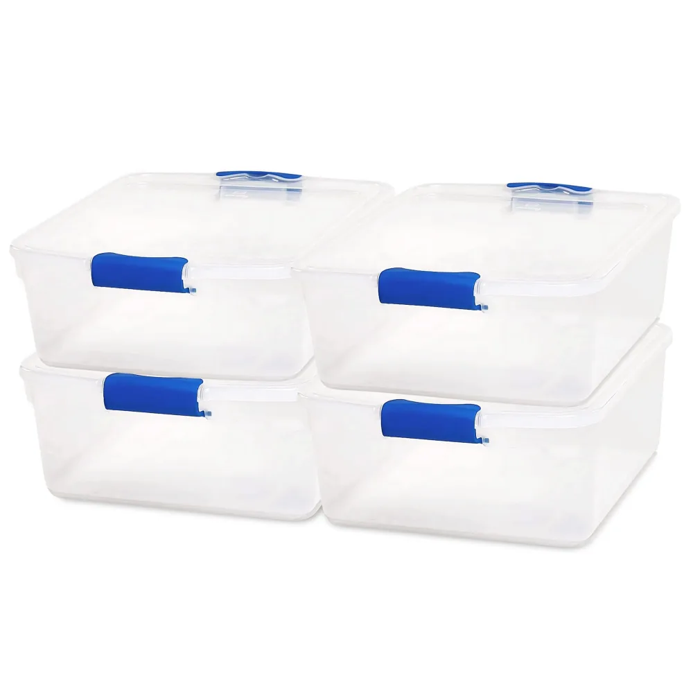 HOMZ 4-Pack Latching Lid, Small Clear Plastic Storage Bins w/Lids, 15.5 Quart, Blue Latch