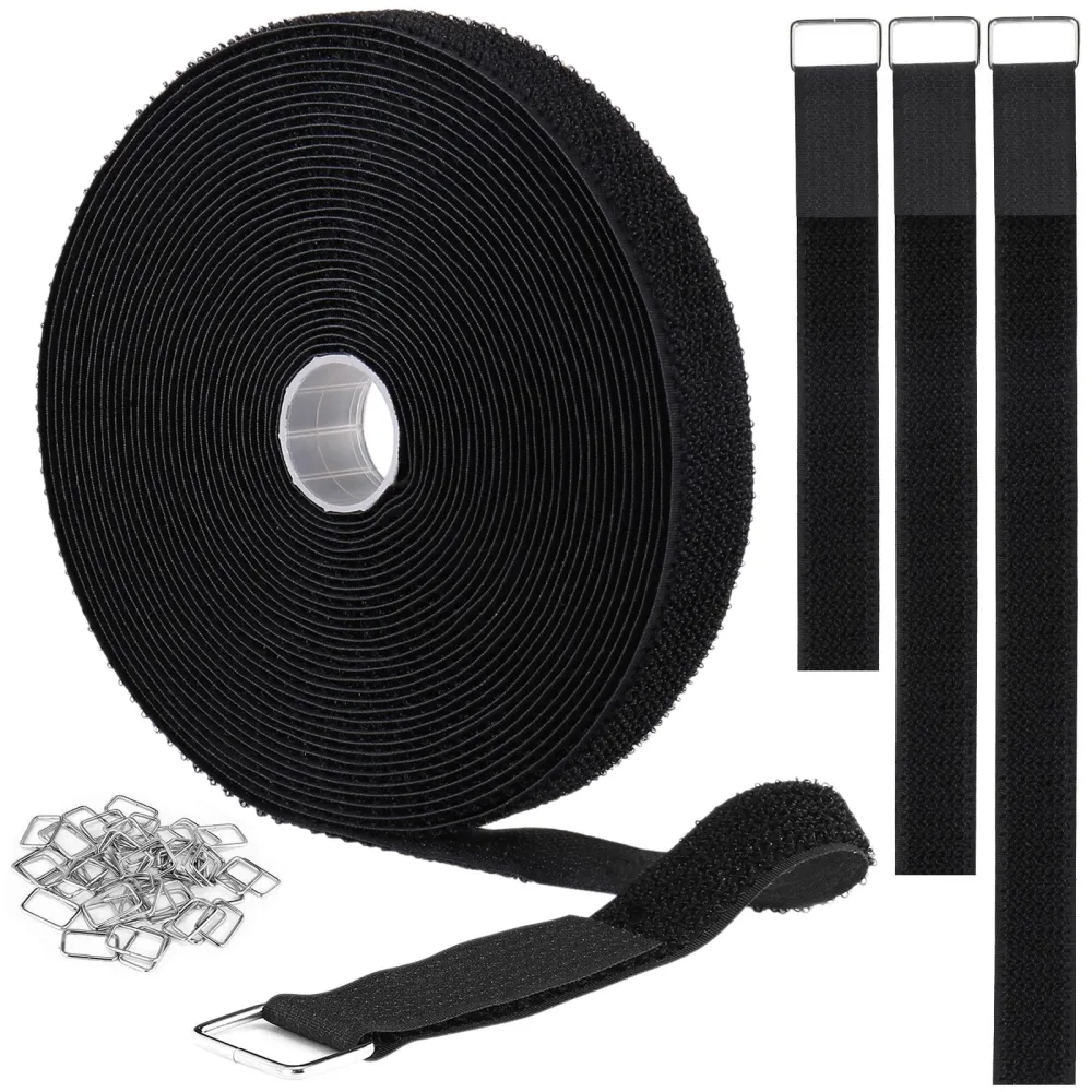 1"x32ft Hook and Loop Straps with 50 Metal Buckles, Adjustable Fastening Cable Straps, Cut-to-Length Cinch Strap, Reusable Nylon Securing Cord Ties for Organizer or Storage, 1 inch Wide, Black