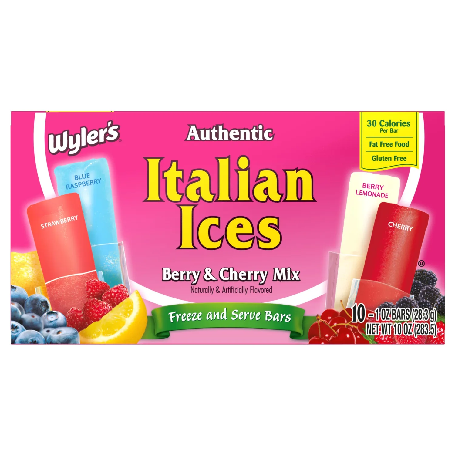 Wyler's Authentic Italian Ices Berry and Cherry Mix - Pack of 2-20 Total Bars - Freeze and Serve Bars - Cherry, Strawberry, Berry Lemonade, and Blue Raspberry