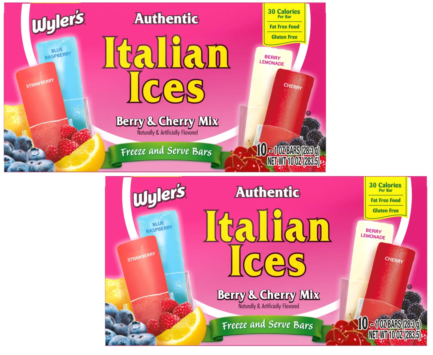 Wyler's Authentic Italian Ices Berry and Cherry Mix - Pack of 2-20 Total Bars - Freeze and Serve Bars - Cherry, Strawberry, Berry Lemonade, and Blue Raspberry